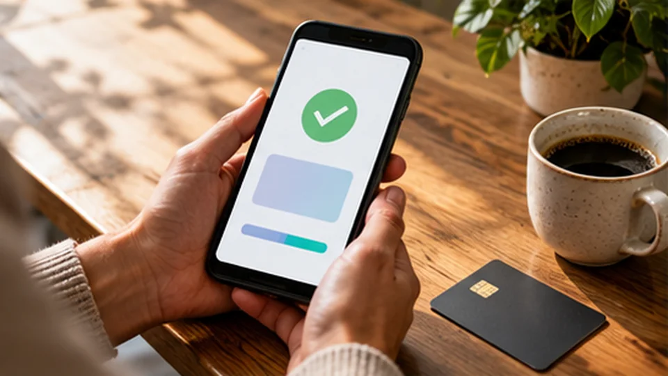 Hände bestätigen eine Einzahlung in der Banking-App am Smartphone, daneben eine neutrale Bankkarte