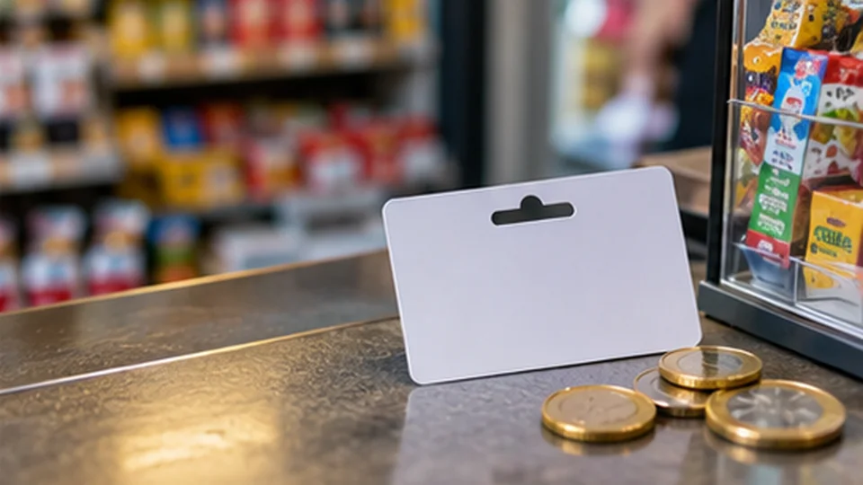 Neutraler Prepaid-Gutschein mit Münzen auf einer Kioskablage als Beispiel für eine Einzahlung mit Guthaben